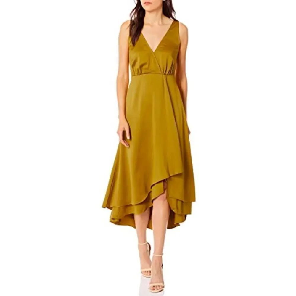 NWOT French Connection Maudie Drape Frill Sleeveless Citronelle Gold Mid Dress